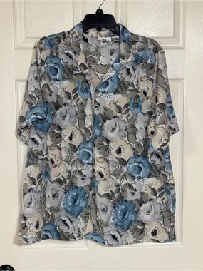Alia Floral Short-Sleeve Button-Down Shirt - Blue & Cream